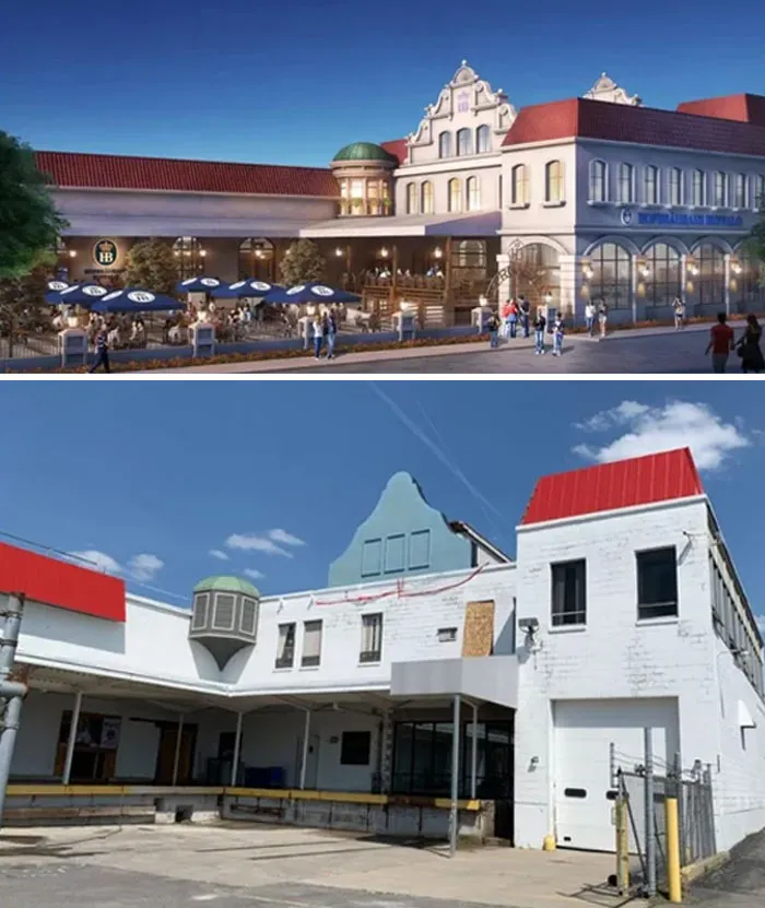 A charming European-style building rendering contrasted with its less impressive, under-construction reality, showcasing architects' vision.