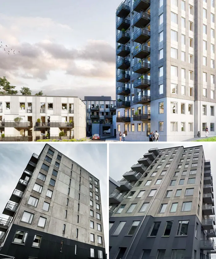 A collage showing the architect's vision for a building with balconies and greenery versus the stark concrete reality.