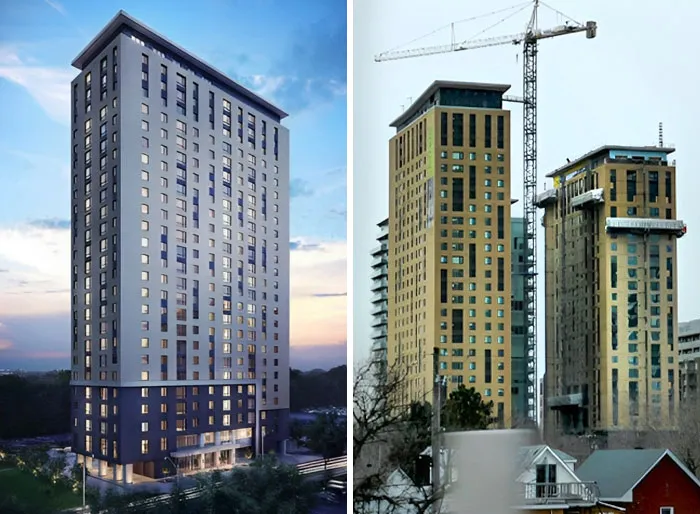 A split image showing an architects vision for a tall, modern building on the left, and the less impressive reality on the right.