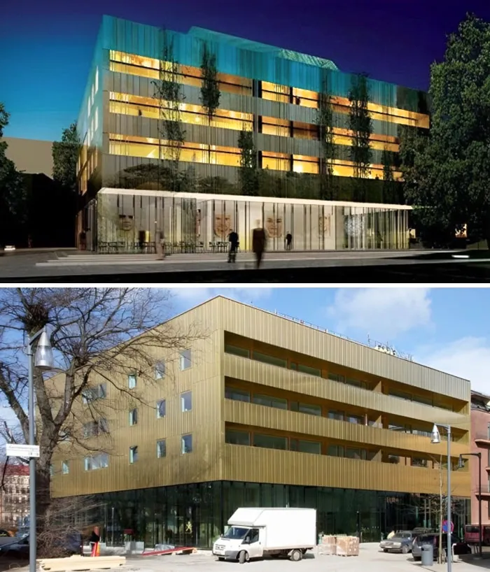An architect's vision of a gold and green building contrasts with the reality of a gold building with a delivery truck.