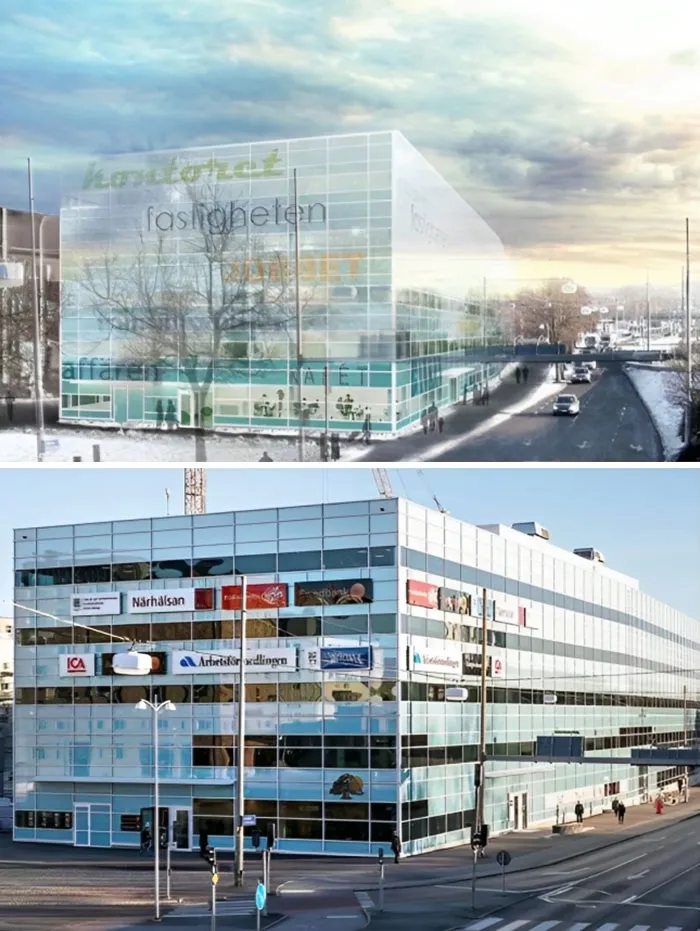 A split image shows an architect's vision for a modern glass building compared to its completed reality with many signs.