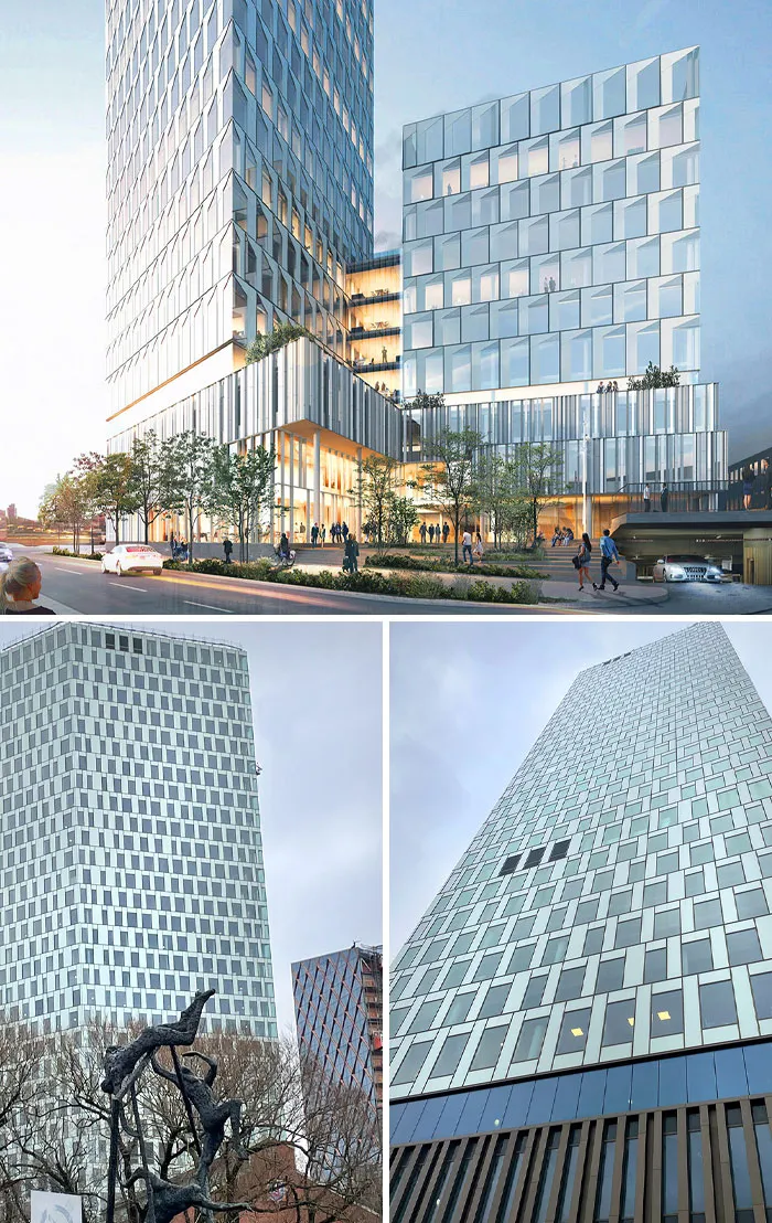 A split image shows an architect's vision for a tall building and the reality of the completed building from different angles.
