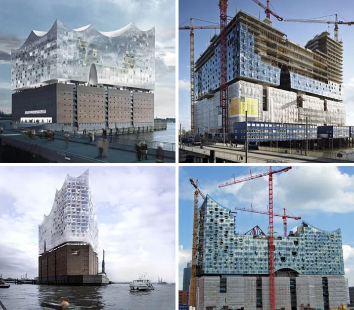 A split image shows an architect's vision for a modern building and the reality of its construction.