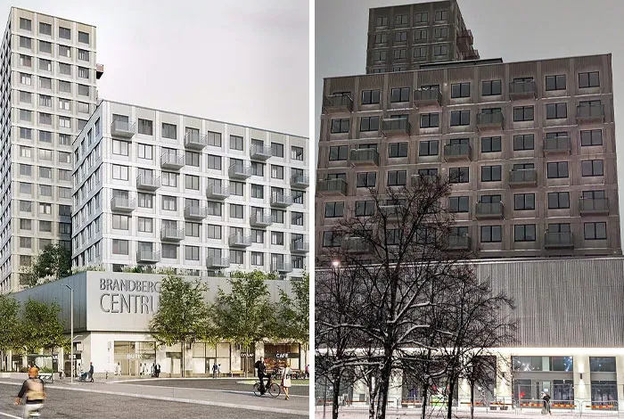 Comparison of an architectural vision for a multi-story building with a shopping center and its grey, starker reality with a snowy foreground.