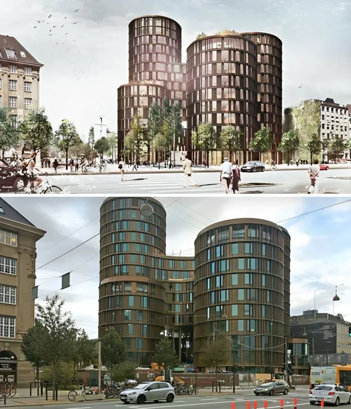 An architectural vision of curved, modern buildings versus the reality of their construction, showing a slight deviation in design.
