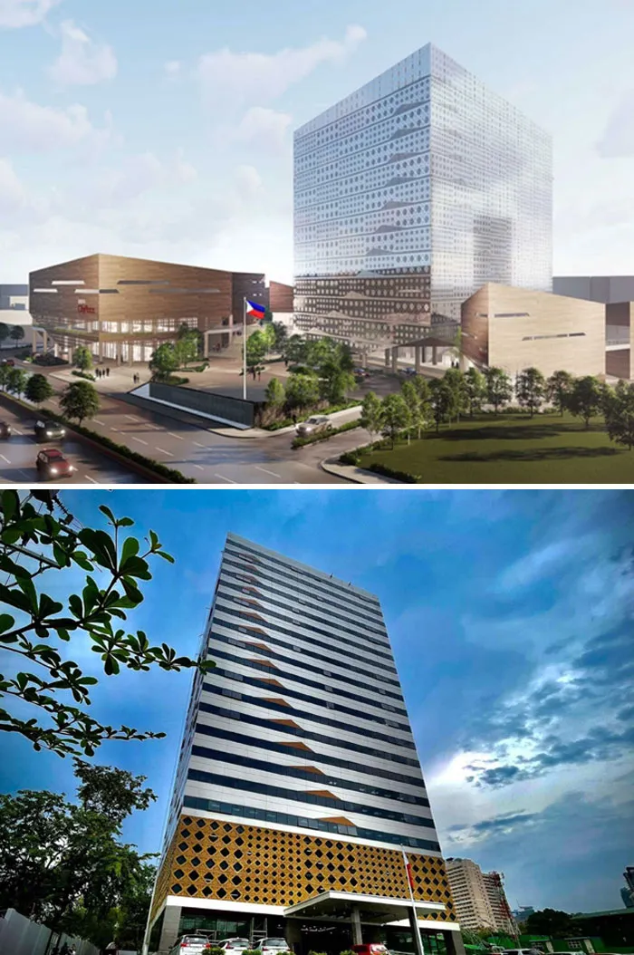 A conceptual architectural vision of a modern building with a large glass facade contrasted with the actual constructed, striped skyscraper.