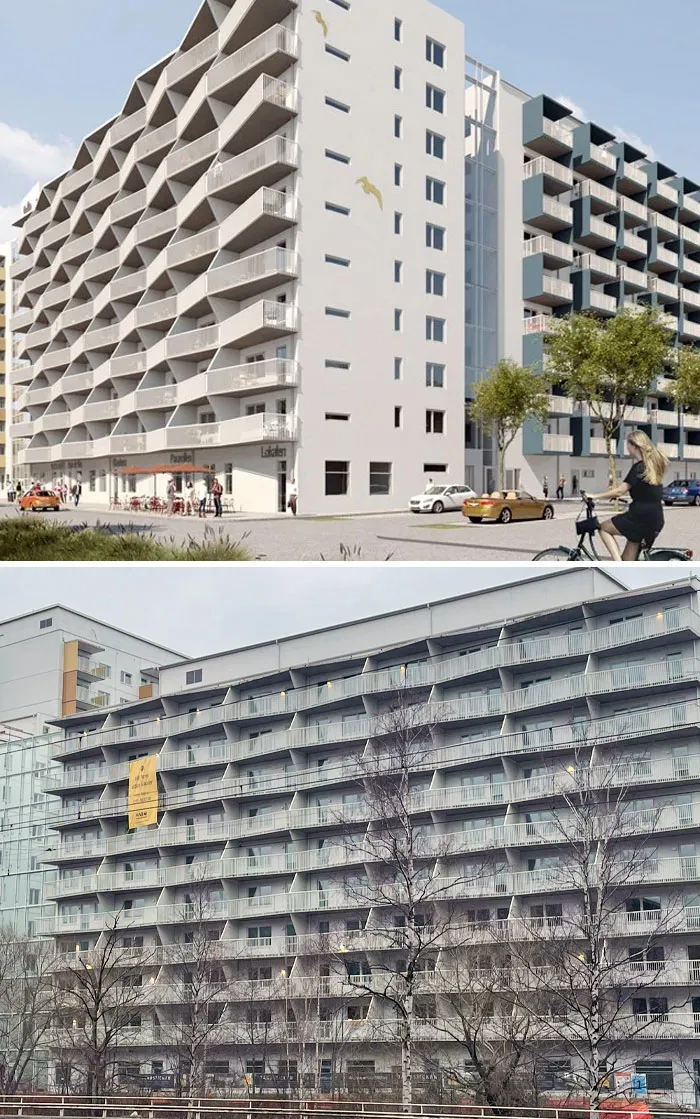 Architects vision vs reality: Modern building with geometric balconies rendered vs actual building with standard, uniform balconies.