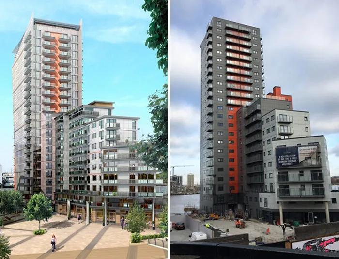 An architects vision for a tall, modern apartment complex with vibrant balconies compared to its more subdued, grey reality under construction.