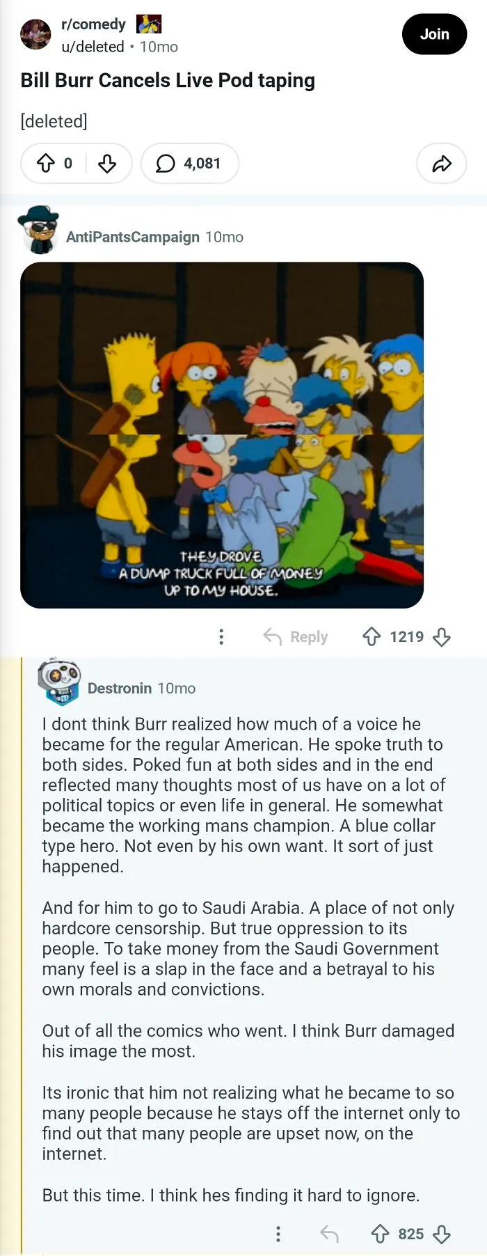 A screenshot of a Reddit post featuring The Simpsons, showing characters reacting to a large pile of money. This is one of the many comments that should be in the hall of fame.