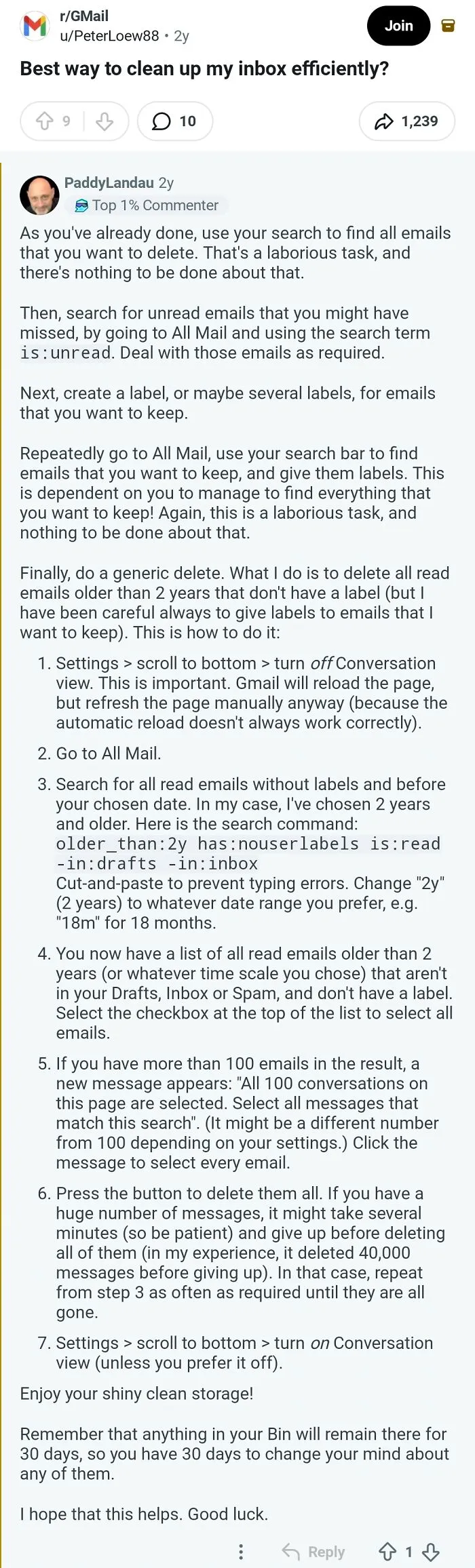 A Reddit post about cleaning up an email inbox efficiently, with methods for managing comments and old emails in the Hall of Fame.