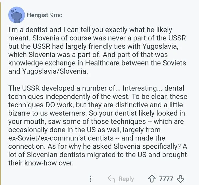 A Reddit post about comments that should be in the Hall of Fame, explaining the history of dentistry in Slovenia and the USSR.