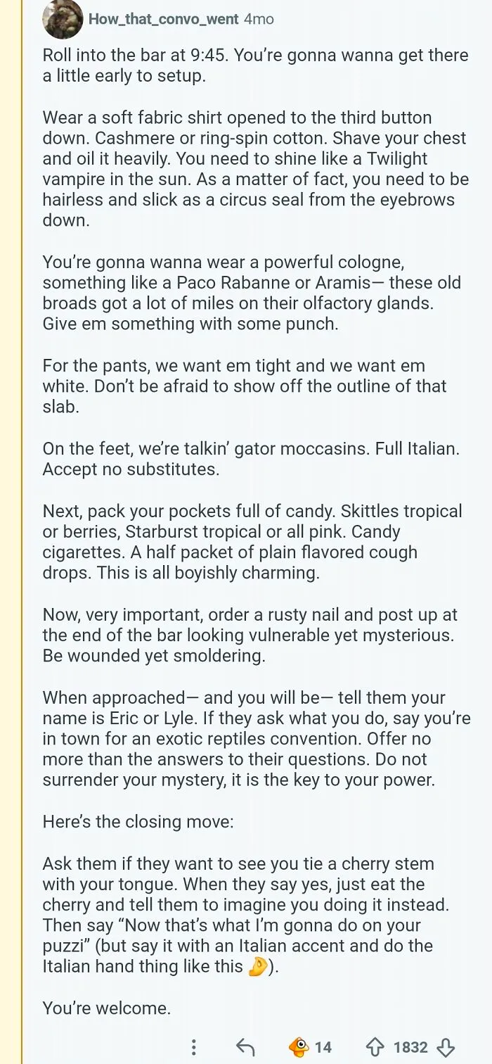 A Reddit post about comments that should be in the Hall of Fame, detailing a humorous guide to picking up women at a bar.