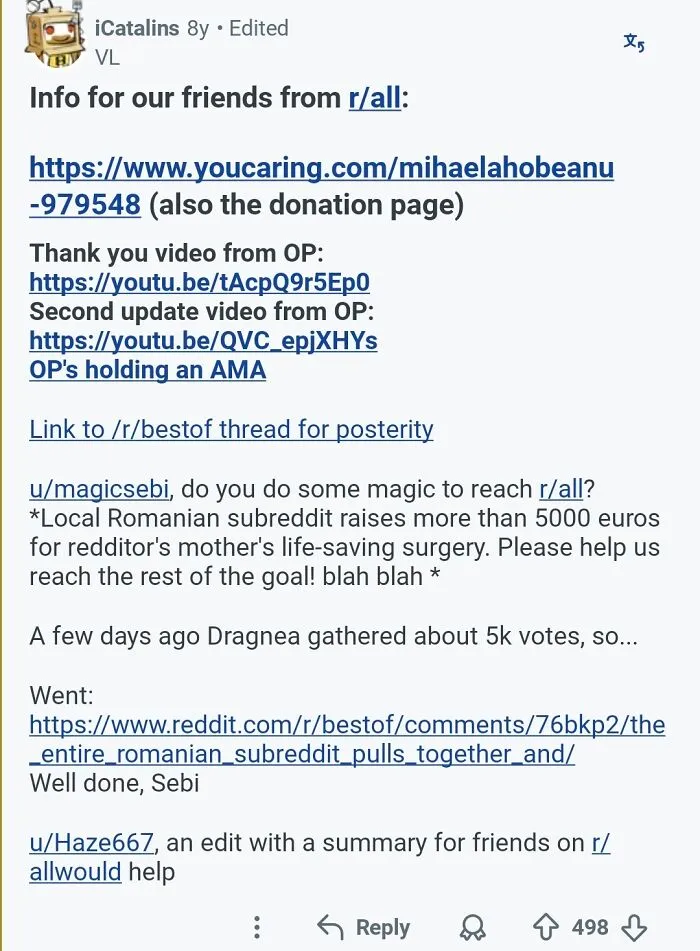 A Reddit post about comments that should be in the Hall of Fame, featuring a user's comment with links to donation pages.