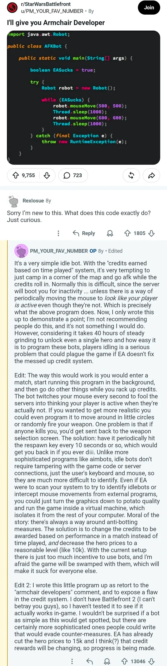 A Reddit post about comments that should be in the Hall of Fame, showing a code snippet and lengthy explanation about an AFK bot.