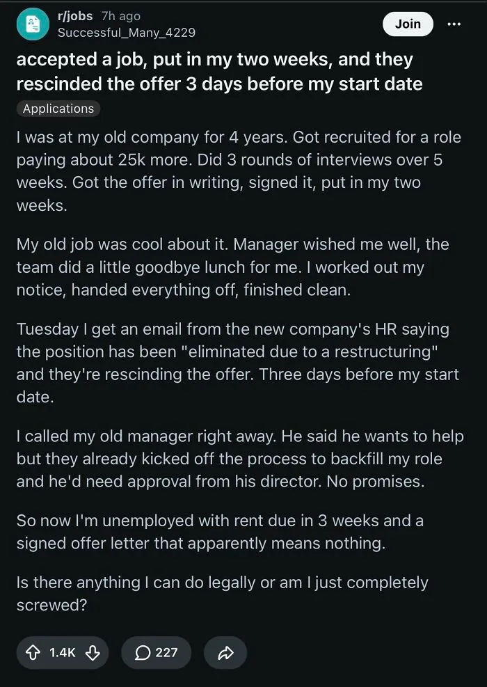 A Reddit post from r/jobs detailing a painfully relatable experience of a rescinded job offer before the start date.