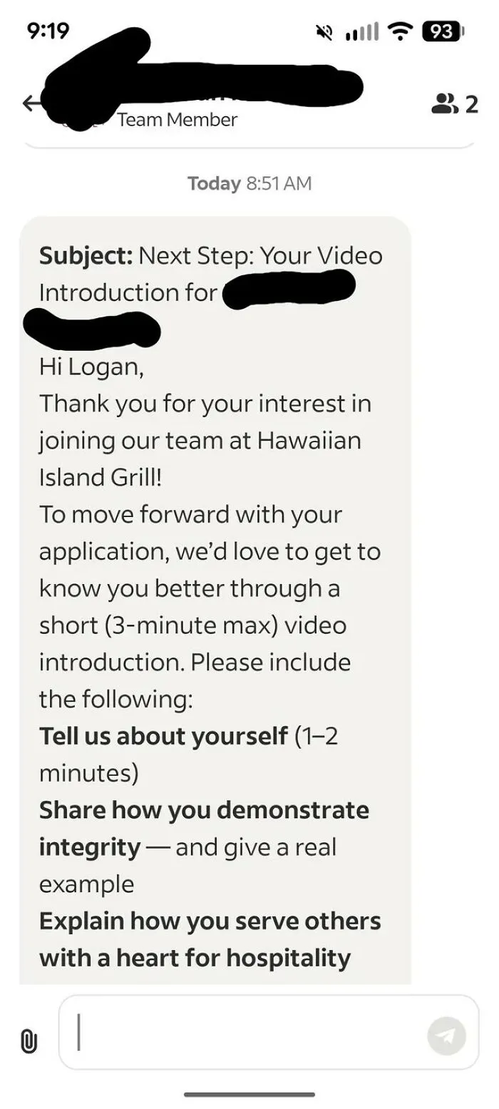 A text message with the subject Next Step: Your Video Introduction, detailing requirements for a job application, an example of corporate absurdity.