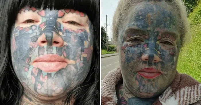 Mom With 800 Tattoos Reveals Her Face Without The "Extreme" Look, But Her Family And Even Her Dog Weren't Prepared