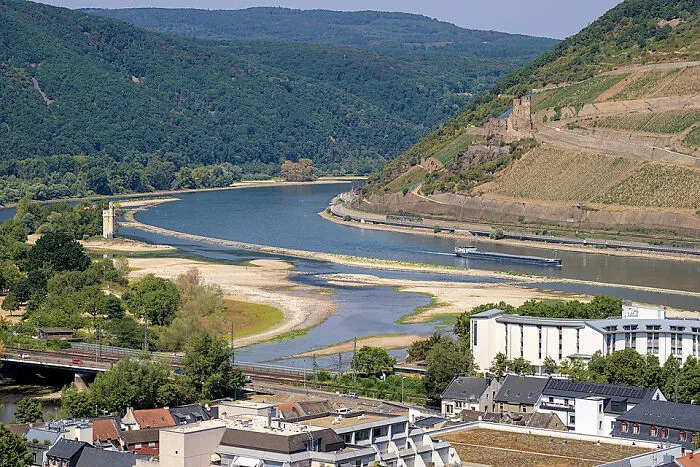 Low Water Levels In August 2026 Near Bingen, At The Confluence Of The Rhine And Nahe Rivers