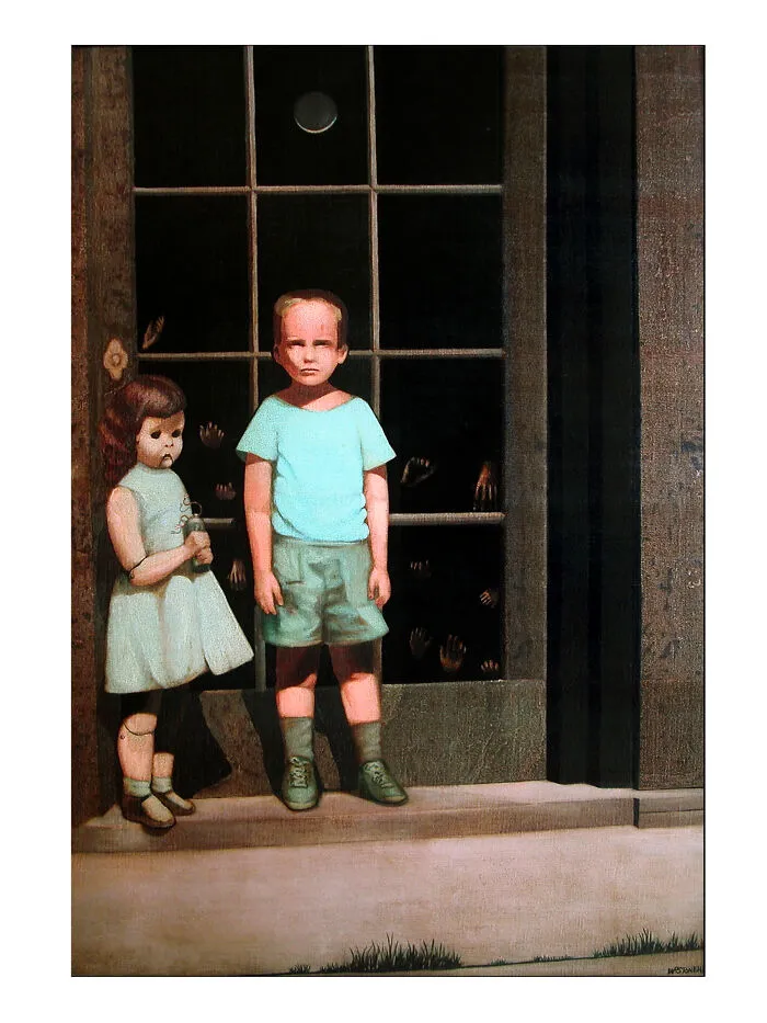 Unsettling photo of two eerie children standing outside a dark house with shadowy hands visible through a window, an unsettling picture.