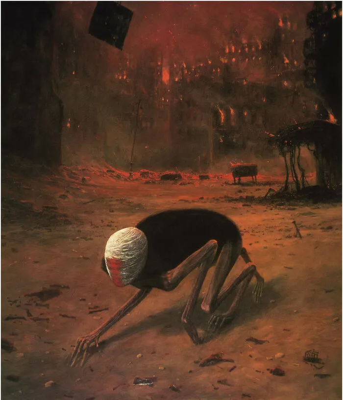 Unsettling photos and pictures of a skeletal figure crawling on the ground in a fiery, hellish landscape.