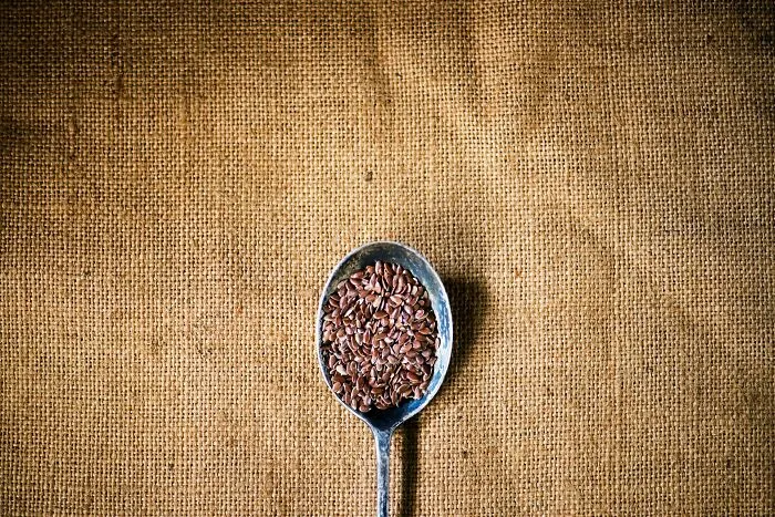 A spoonful of flax seeds on burlap, symbolizing healthy habits for people in their 20s.