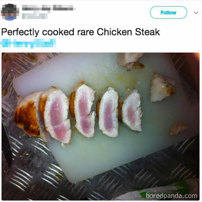 A hilariously dumb attempt at cooking rare chicken steak, showing undercooked poultry.