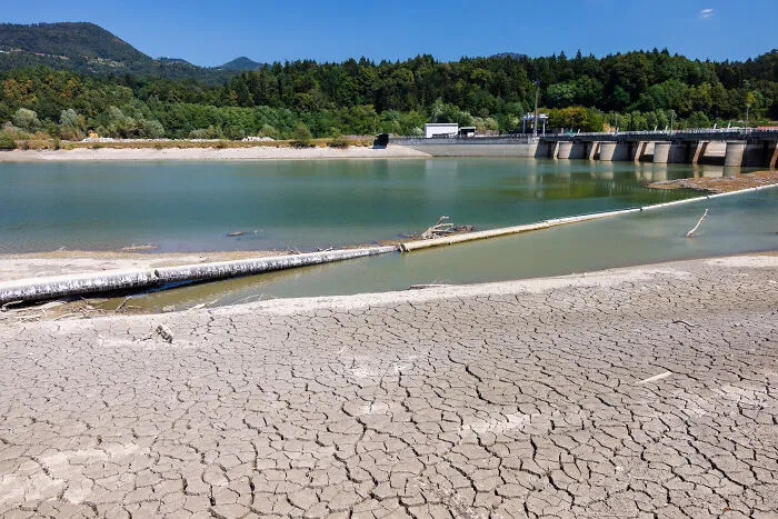 The Low Water Level Of Sava River Is Seen Near Vrhovo Hydro Power Plant