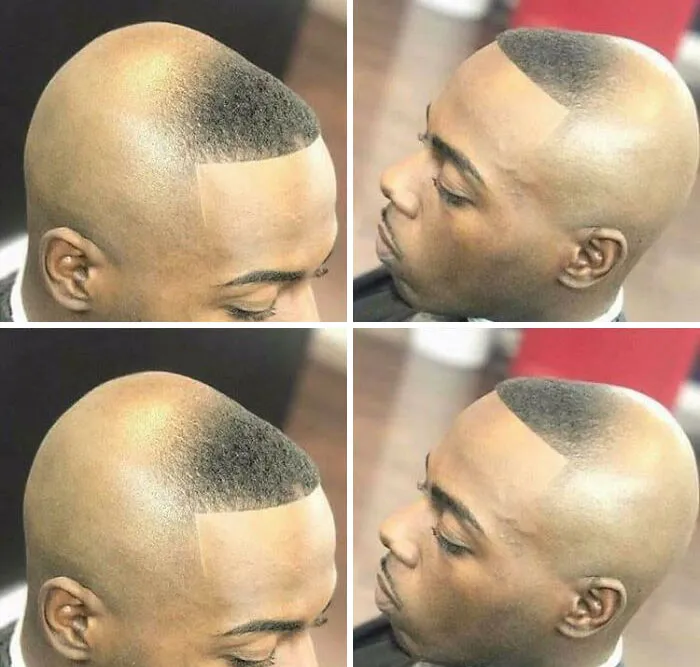 A four-panel image showcasing a man with a bold, unique shaved hairstyle with a distinct frontal fade.