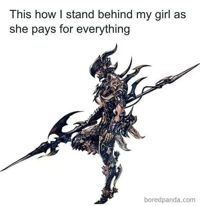 A meme of a warrior in full armor with a spear, illustrating standing behind someone. This meme can change your mood.
