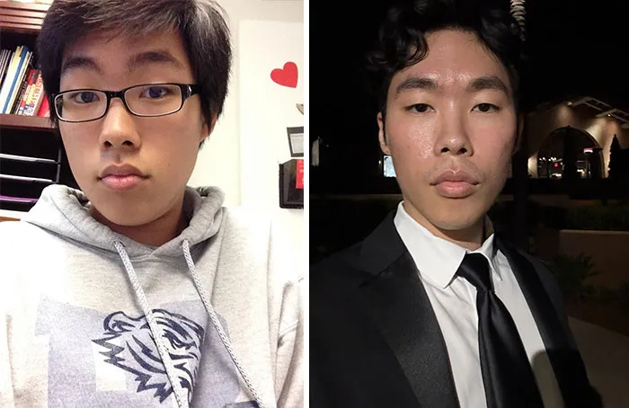 Side-by-side photos of a young man showing how people changed for the better over time.