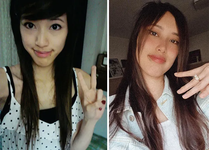 Side-by-side photo captures a person changed for the better over time, demonstrating positive life changes.