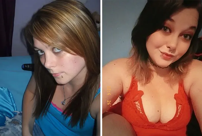 A side-by-side photo of a woman who changed for the better over time, showing a more confident look.