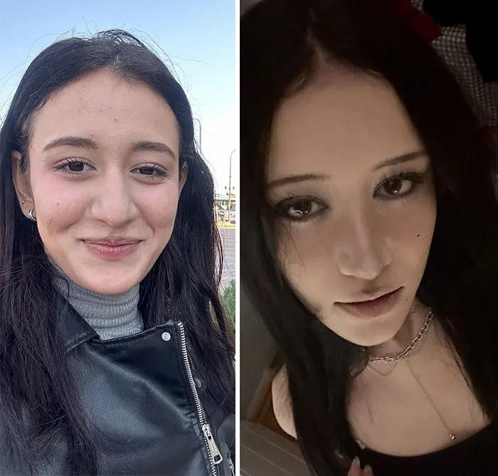 A side-by-side photo of a woman who changed for the better over time, showing a style transformation.