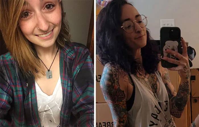 A side-by-side photo of a woman who changed for the better over time, showing tattoos and darker hair.