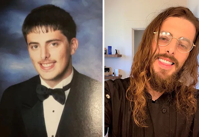 A side-by-side photo of a man who changed for the better over time, with longer hair and a beard.