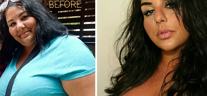 Side-by-side photos show a woman's weight loss journey, showcasing how people changed for the better over time.