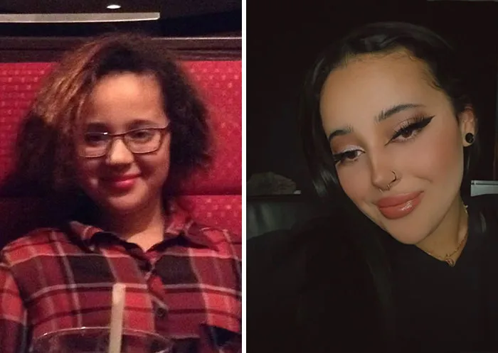 Side-by-side photos of a young woman who changed for the better over time, displaying personal growth.