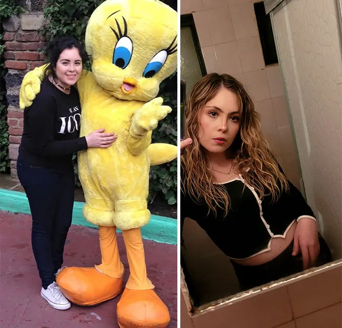 Side-by-side photos of a woman who changed for the better over time, reflecting her positive transformation.