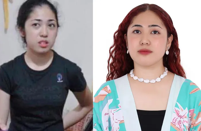 Side-by-side photos showing a young woman who changed for the better, from casual to a polished, professional look.