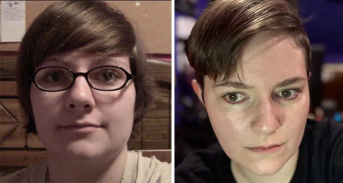 A side-by-side photo shows a person with short brown hair and glasses on the left, and on the right, the same person with a shorter, slicked-back haircut, illustrating how people changed.