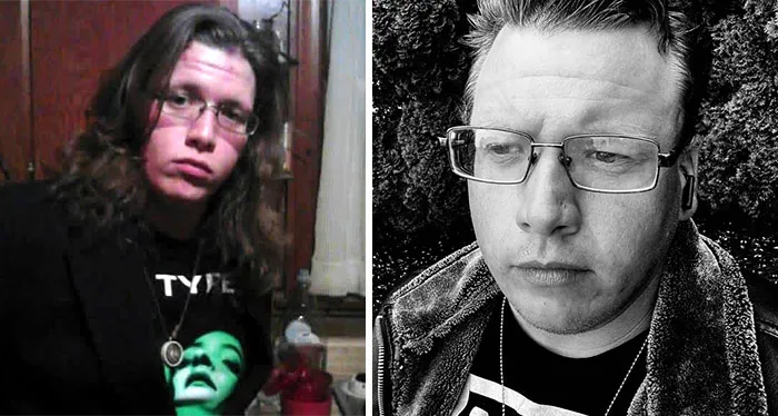 A side-by-side photo shows a person with long brown hair and glasses on the left, and on the right, the same person in a black and white image with shorter hair, illustrating how people changed.