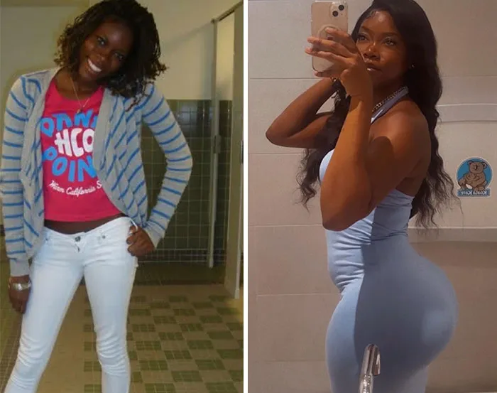 A side-by-side photo shows a person in a casual outfit smiling on the left, and on the right, the same person in a light blue form-fitting dress, illustrating how people changed.
