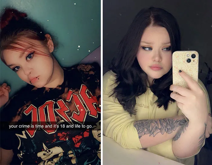 Side-by-side photos showing a young woman who changed for the better over time, from edgy teen to refined adult.