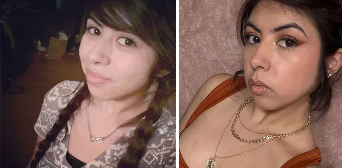 A side-by-side photo shows a person with braided pigtails on the left, and on the right, the same person with a more styled look and gold necklaces, illustrating how people changed.