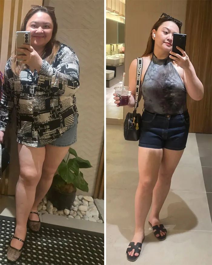 Side-by-side photos show a woman who changed for the better over time, smiling in both images.