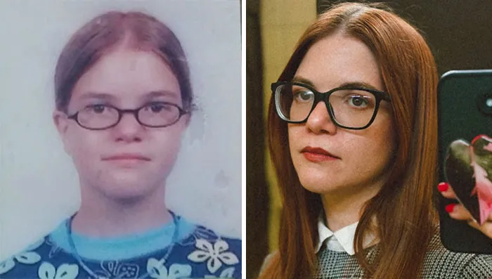 Side-by-side photos showing a woman who changed for the better, evolving from a studious look to a chic style.