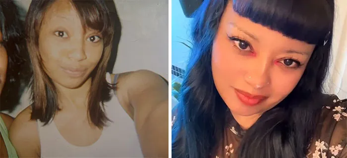 Side-by-side photos showing a woman who changed for the better, transitioning to a vibrant, expressive look.