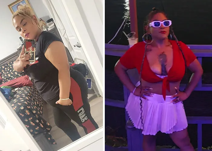 Side-by-side photos showing a woman who changed for the better, embracing a more confident and stylish appearance.