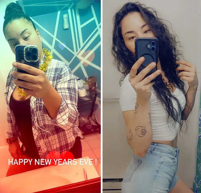 Side-by-side photos show a woman who changed for the better over time, demonstrating a positive shift.