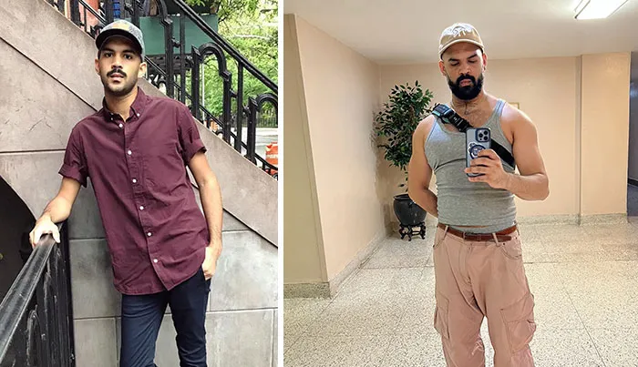 Side-by-side photos show a man who changed for the better over time, indicating significant personal growth.